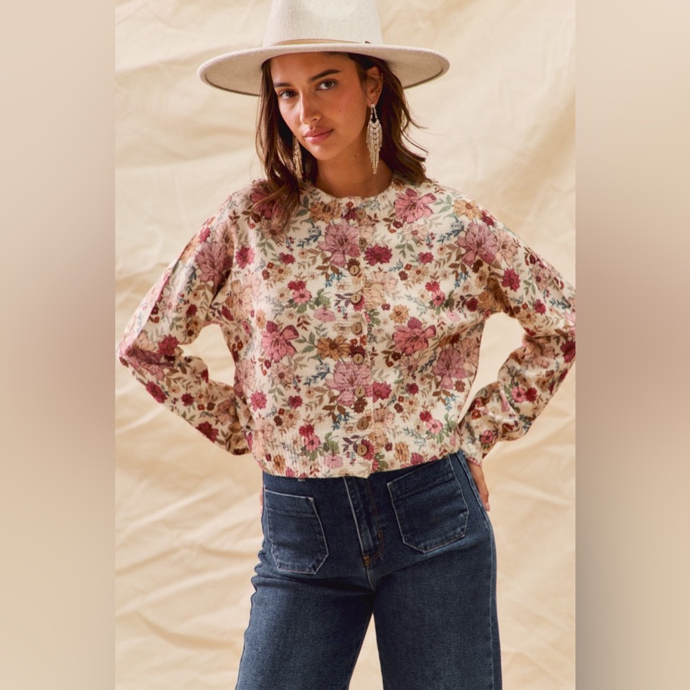 SO ME Floral Print Button Front Sweater Cardigan